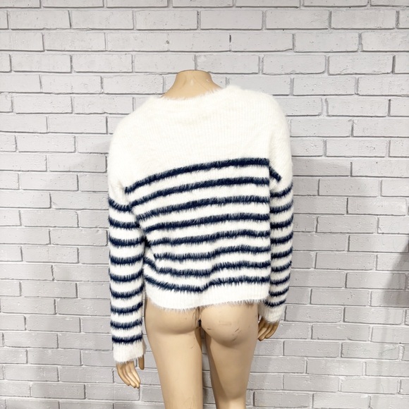La Ligne x Target Women Cream/Navy Fuzzy Yarn Striped Crewneck Sweater - Picture 4 of 6